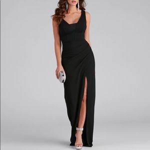 Black formal full length crepe wrap dress. Size XS.